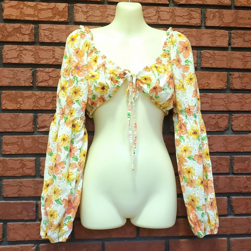 Long Sleeve Eyelet Crop Top L Yellow Floral Tie Front Puff Sleeve Milkmaid